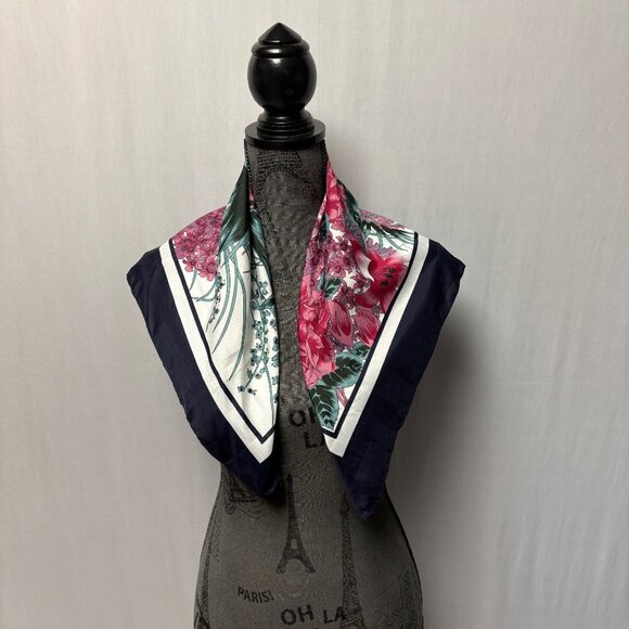 Overseas Advantage Polyester Square Scarf Silky Pink Green Floral Navy Vintage - Picture 2 of 8